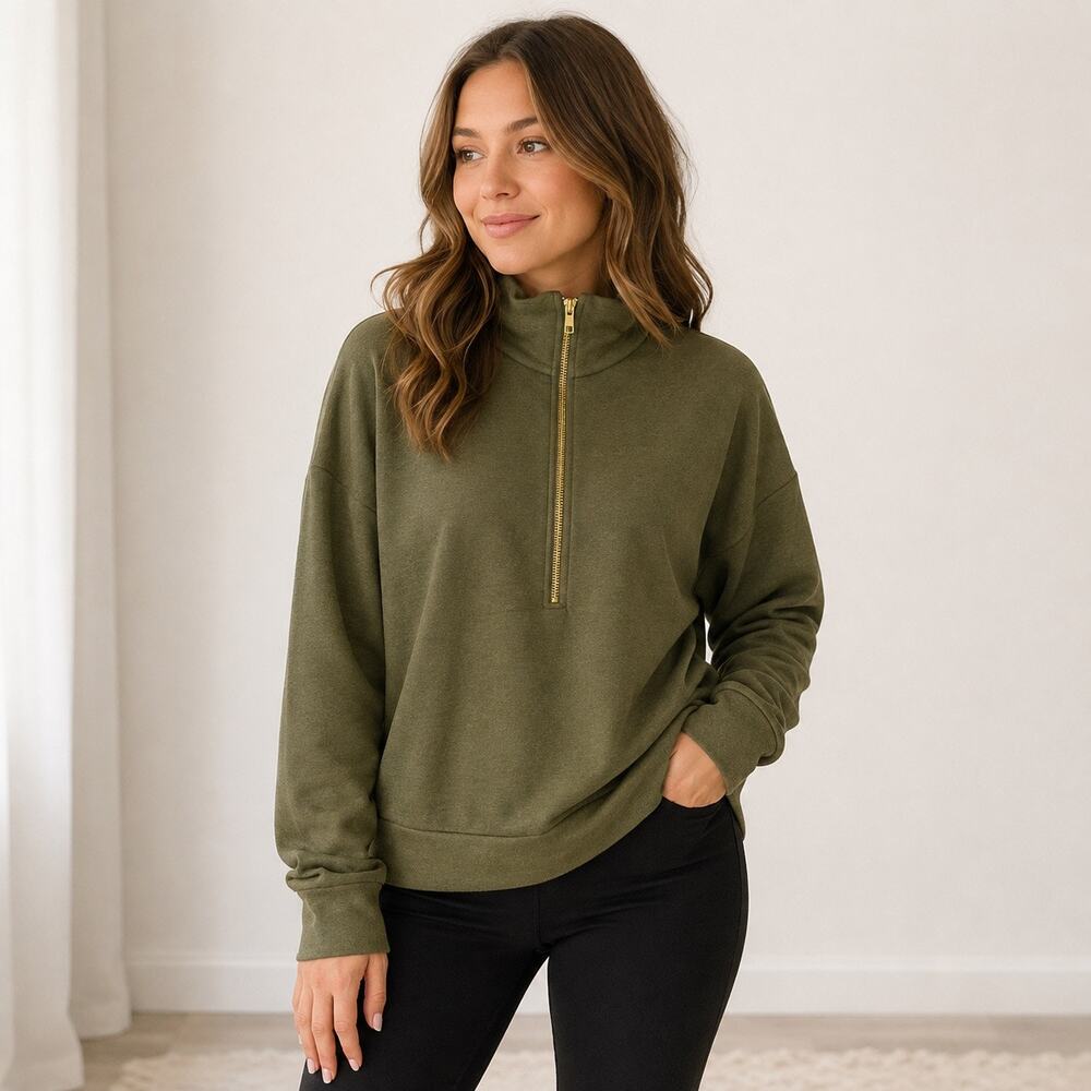 Yana K Women’s Small Olive Green Half Zip Funnel Neck Pullover Sweatshirt